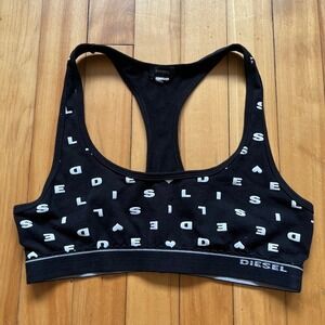 Diesel Black All Over Logo Hearts Racerback Bralette Top Women's Size Medium